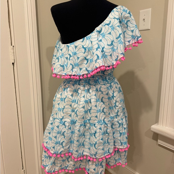 Lilly Pulitzer Blue Leaf-Print One-Shoulder Dress with Pink Pom-Pom Trim - Picture 2 of 3